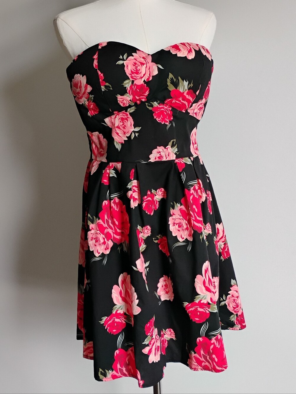 Black And Pink Floral Strapless Dress Size XL